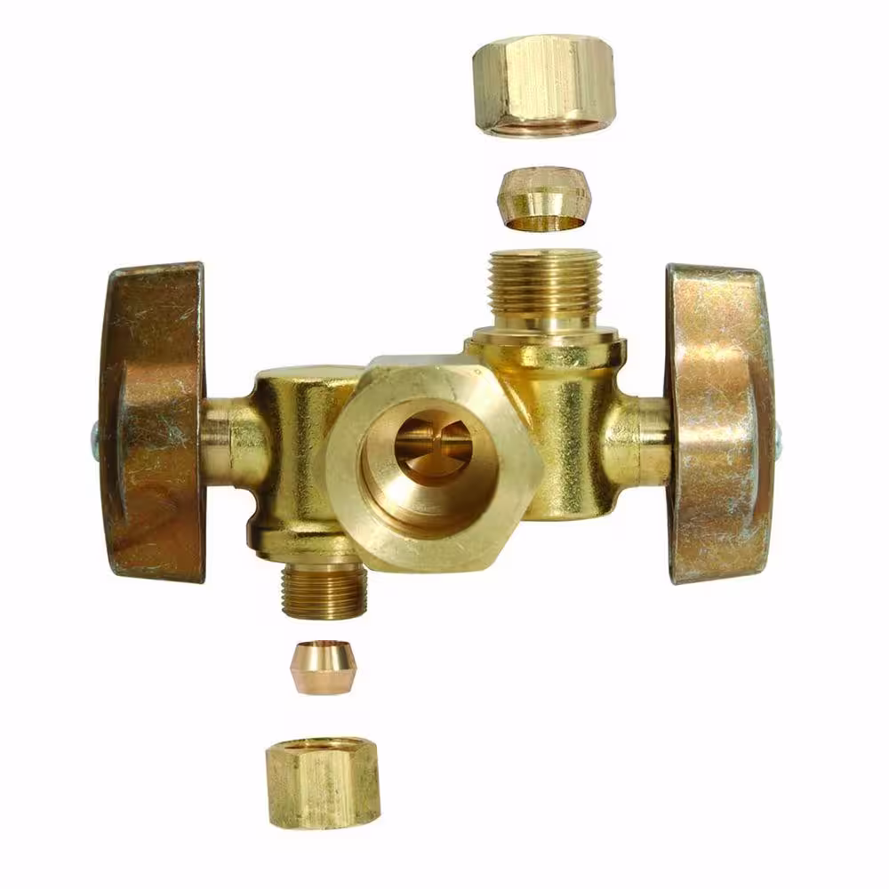 BrassCraft 1/2 in. Nom Comp Inlet x 3/8 in. O.D. Comp x 1/4 in. O.D. Comp Dual Outlet Dual Shut-Off 1/4-Turn Angle Ball Valve