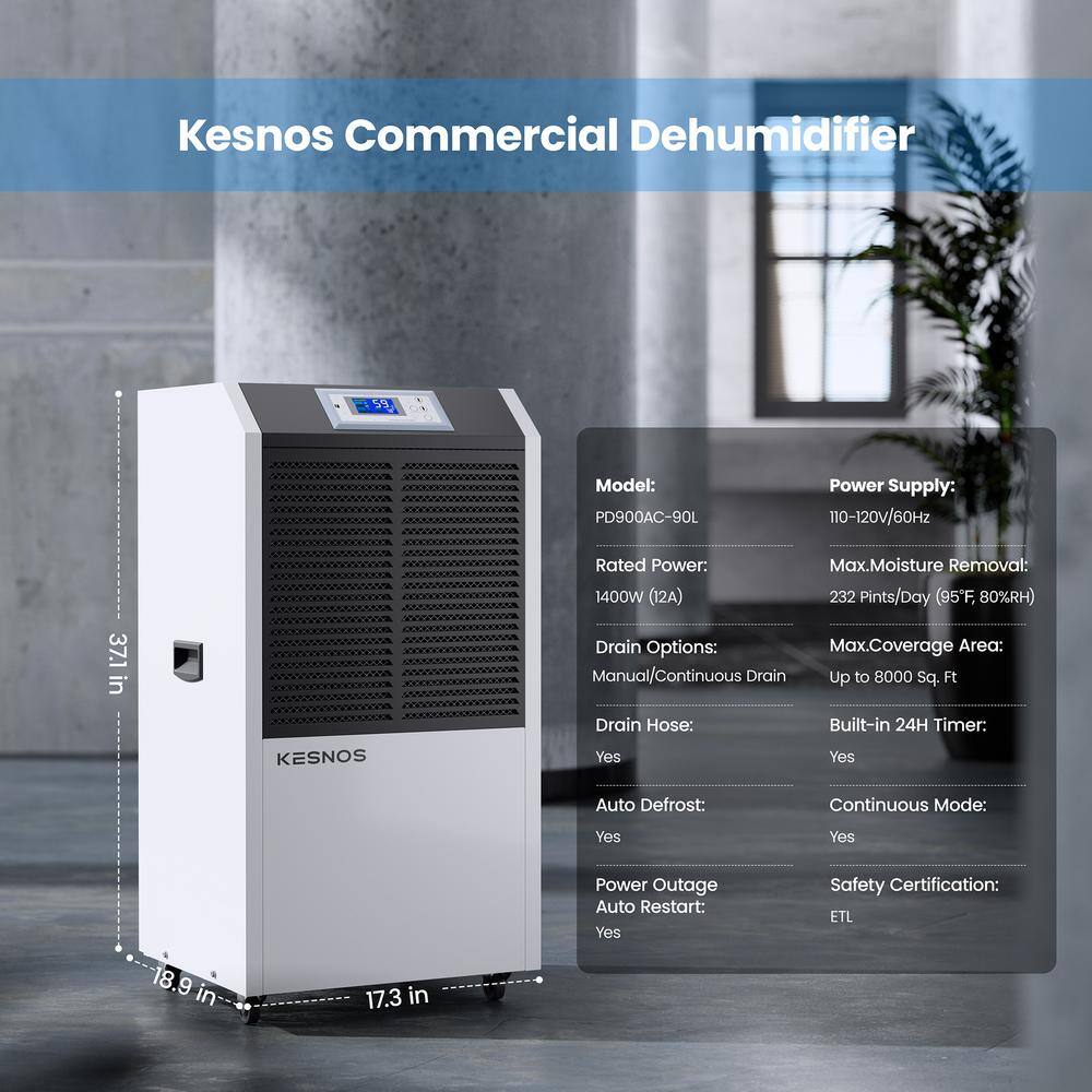 KESNOS 232-Pint Large Off-Capacity Large Industrial Commercial Smart Dehumidifier, Bucketless, for 8000 sq. ft, White