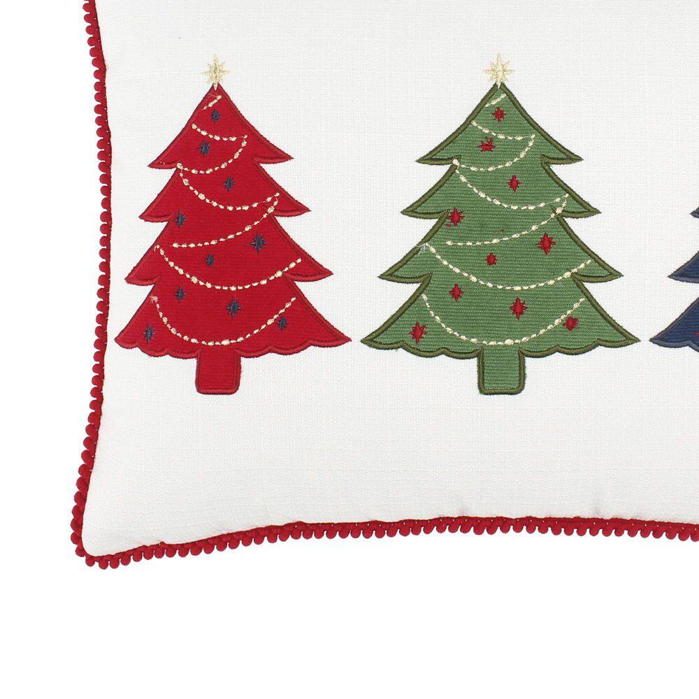 None White Pine Multi-Color Christmas Tree Trio Embroidered Appliqued with Pom Pom Trim 14 in. x 18 in. Throw Pillow