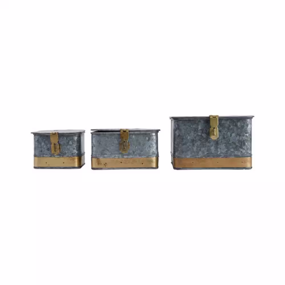 Storied Home Decorative Galvanized Metal Boxes with Lids in Distressed Silver & Brass (Set of 3)