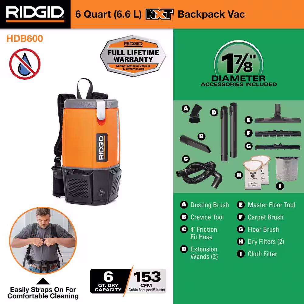 RIDGID 6 Qt. NXT Backpack Vacuum Cleaner with Filters and Locking Accessories for Dry Applications