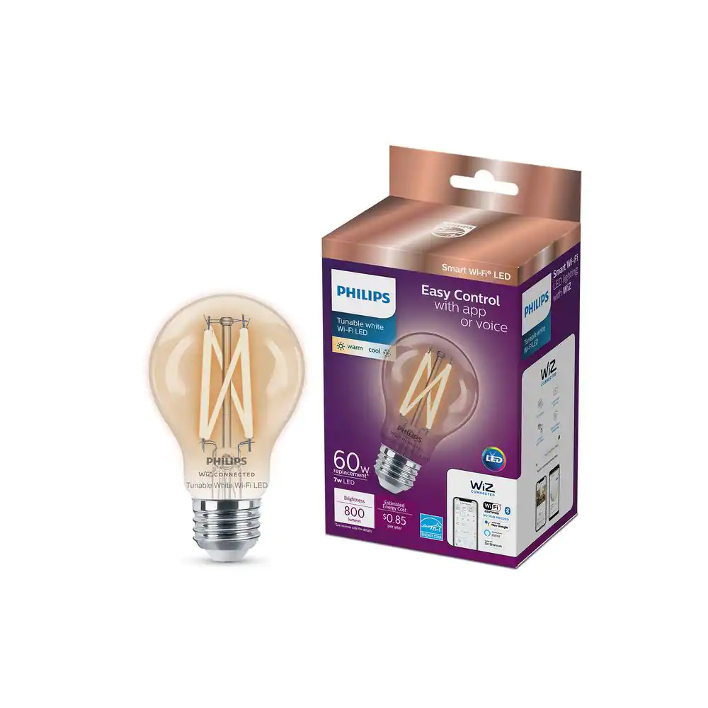 Philips 60-Watt Equivalent A19 Smart Wi-Fi LED Vintage Edison Tuneable White Light Bulb Powered by WiZ with Bluetooth (2-Pack)
