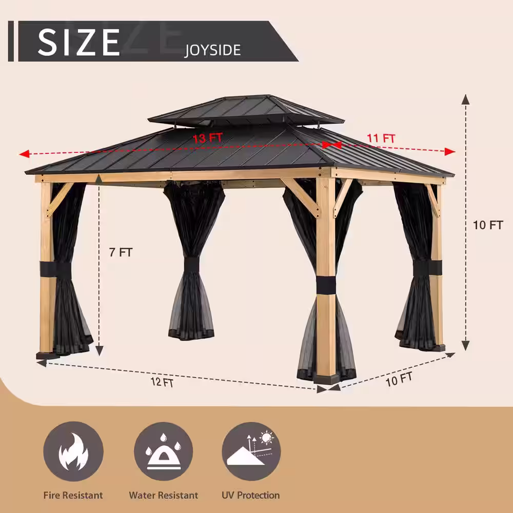 None 13 ft. x 11 ft. Spruce Wood Frame Hardtop Outdoor Patio Gazebo with Double Galvanized Steel Roof and Mosquito Netting