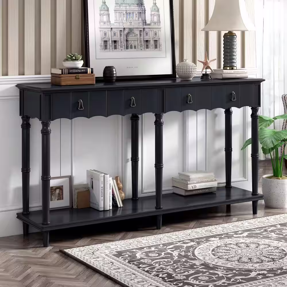 None 63 in. Black Standard Rectangle Wood Console Table with 4 Drawers and 1 Shelf for Hallway Living Room Bedroom