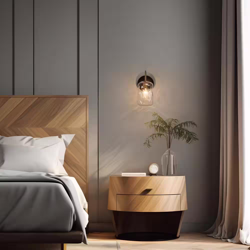 LNC Modern 1-Light Brushed Black and Plating Brass Wall Sconce with Jar Textured Glass Shade