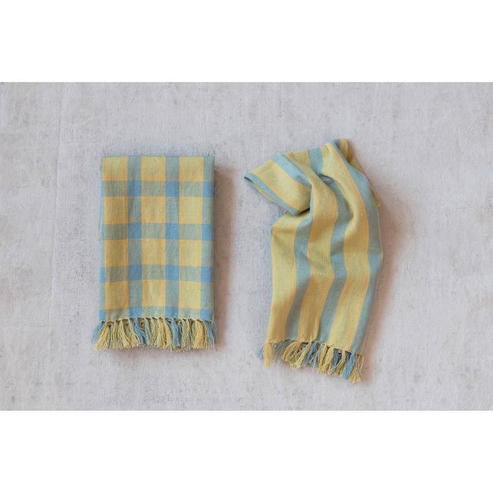 Storied Home Yellow Plaided Woven Cotton and Linen Tea Towels with Fringe (Set of 2 Styles)