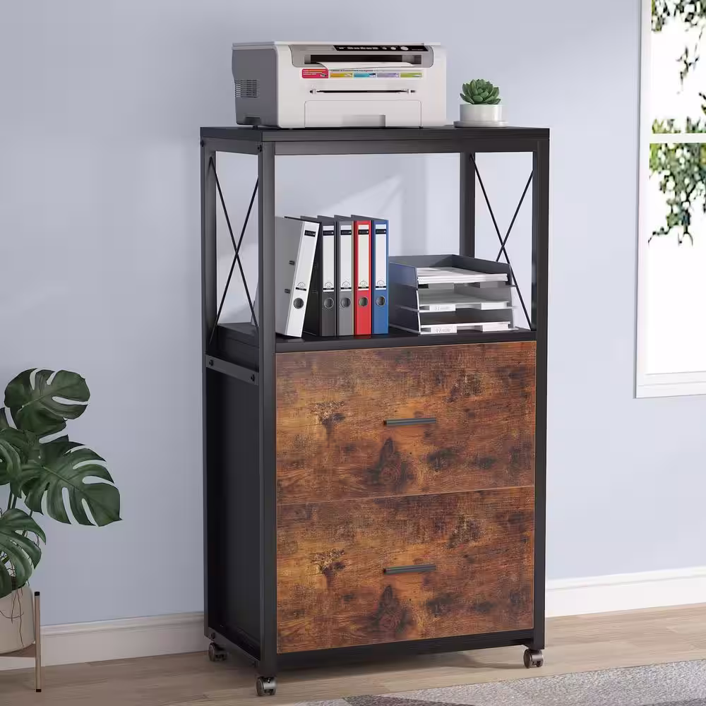 Tribesigns Frances 43.3 in. Black and Brown Vertical Rolling File Cabinet, Industrial Filing Cabinet with 2-Large-Drawer