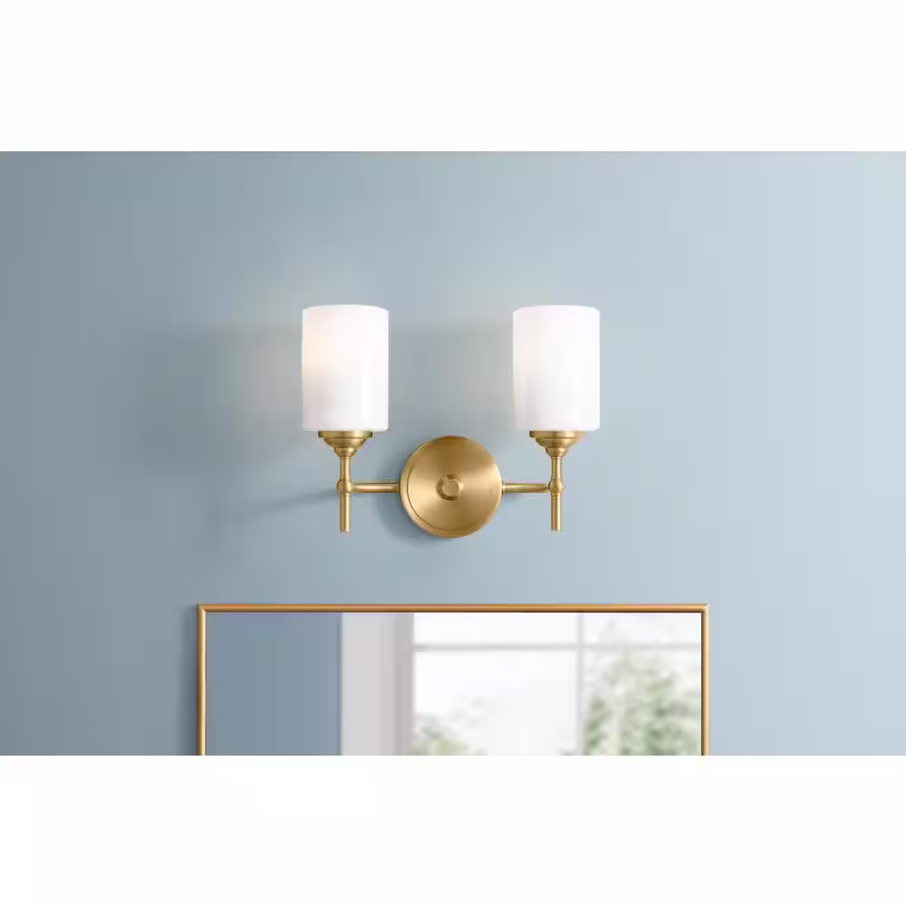 Home Decorators Collection Ayelen 13 in. 2-Light Matte Brass Bathroom Vanity Light with Opal White Glass Shades