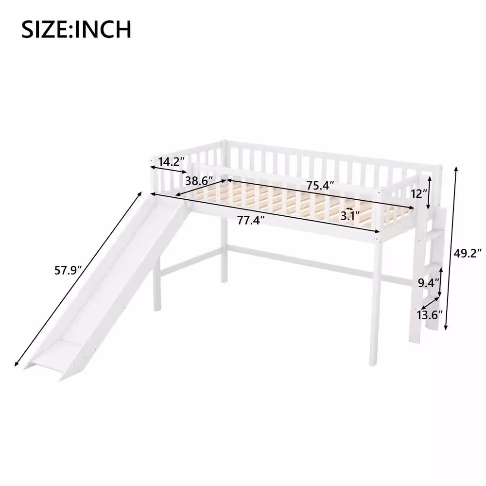 Harper & Bright Designs White Twin Size Low Loft Bed with Ladder and Slide
