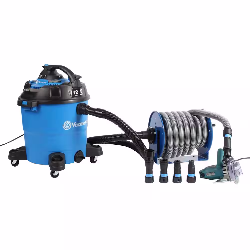 Cen-Tec Stainless Steel Hose Reel and Mounted 30 Ft. Dust Collection Hose with Multi-Brand Power Tool Adapters for Wet/Dry Vacs