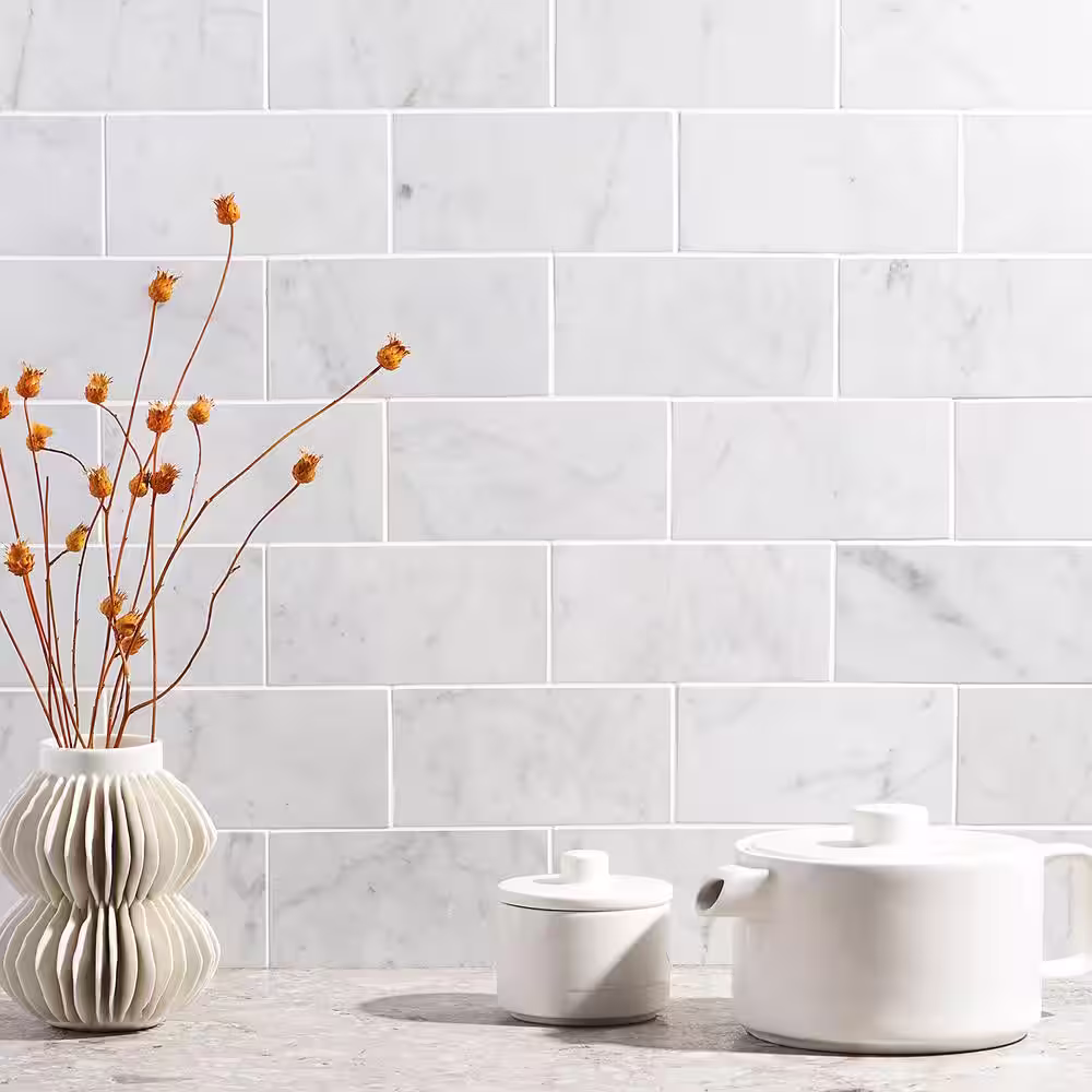 Ivy Hill Tile White Carrara 3 in. x 6 in. x 9mm Polished Marble Subway Tile (40 pieces / 5 sq. ft. / box)