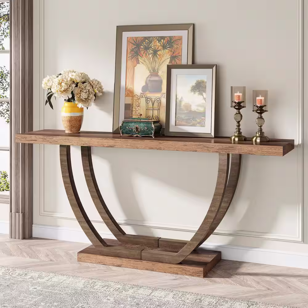 Tribesigns Catalin 63 in. Brown Rectangular Sofa Table Wood Console Table with 2-Tier Shelf