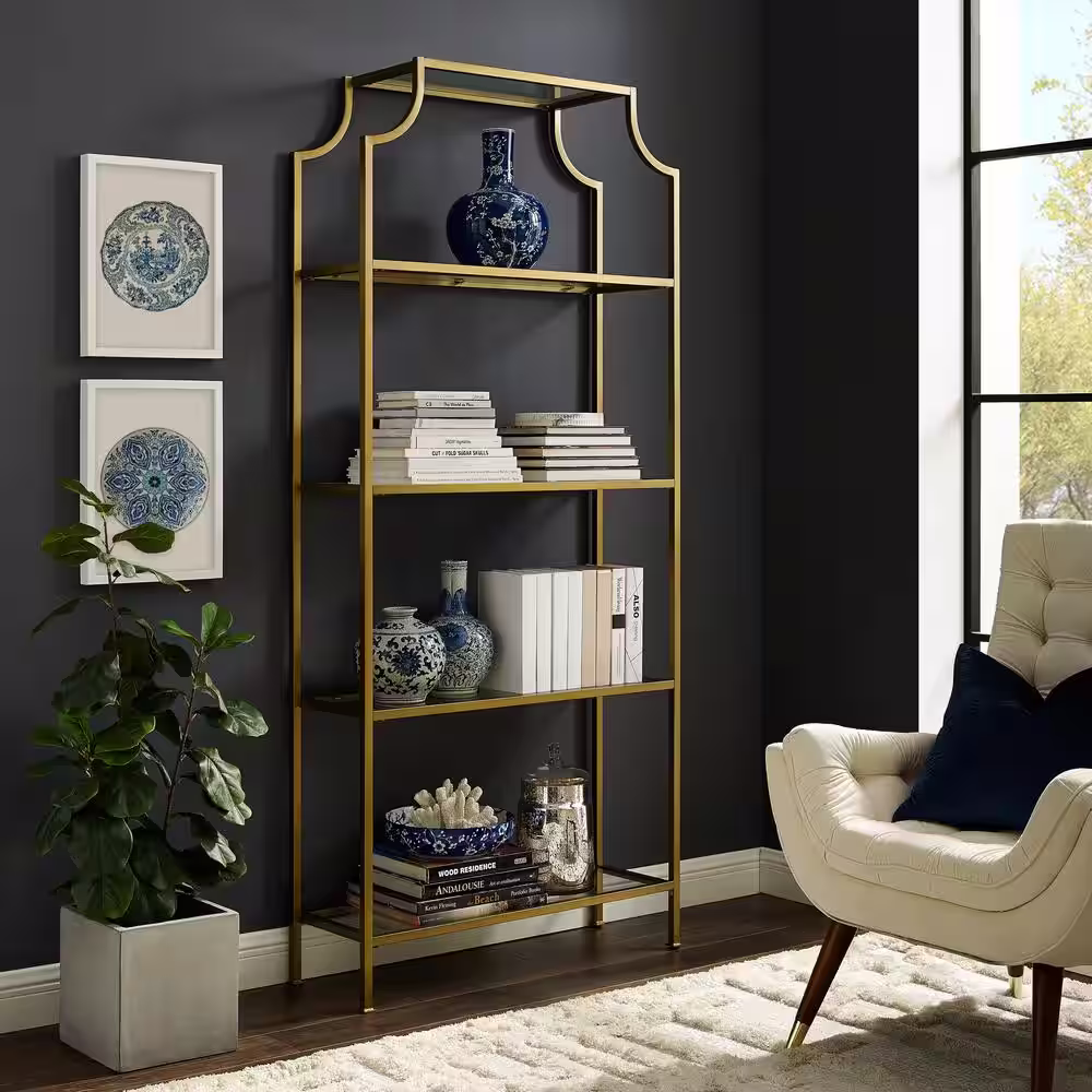 CROSLEY FURNITURE 80 in. Gold/Clear Metal 4-shelf Etagere Bookcase with Open Back