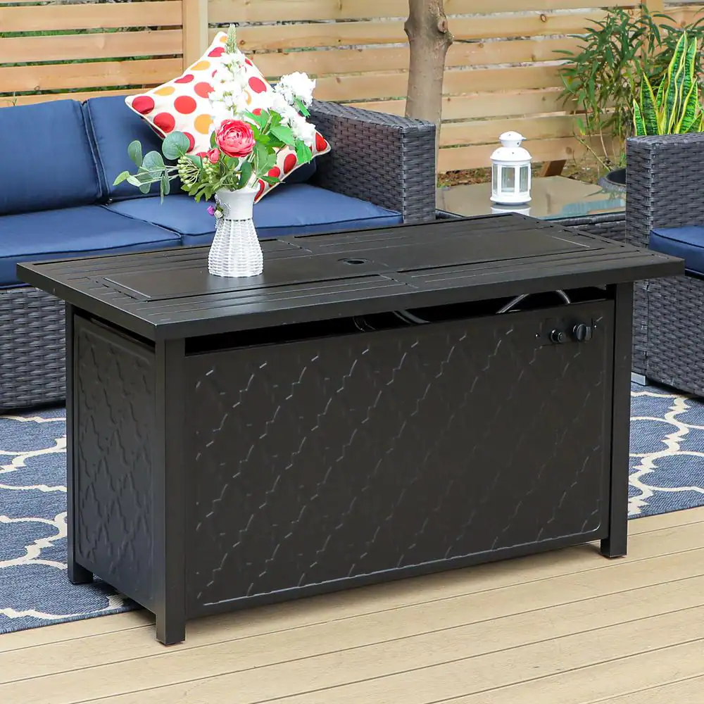 None Leather Grain 44.88 in. x 24.8 in. 50,000 BTU Rectangle Metal Gas Fire Pit Table with Lid and Blue Fire Glass