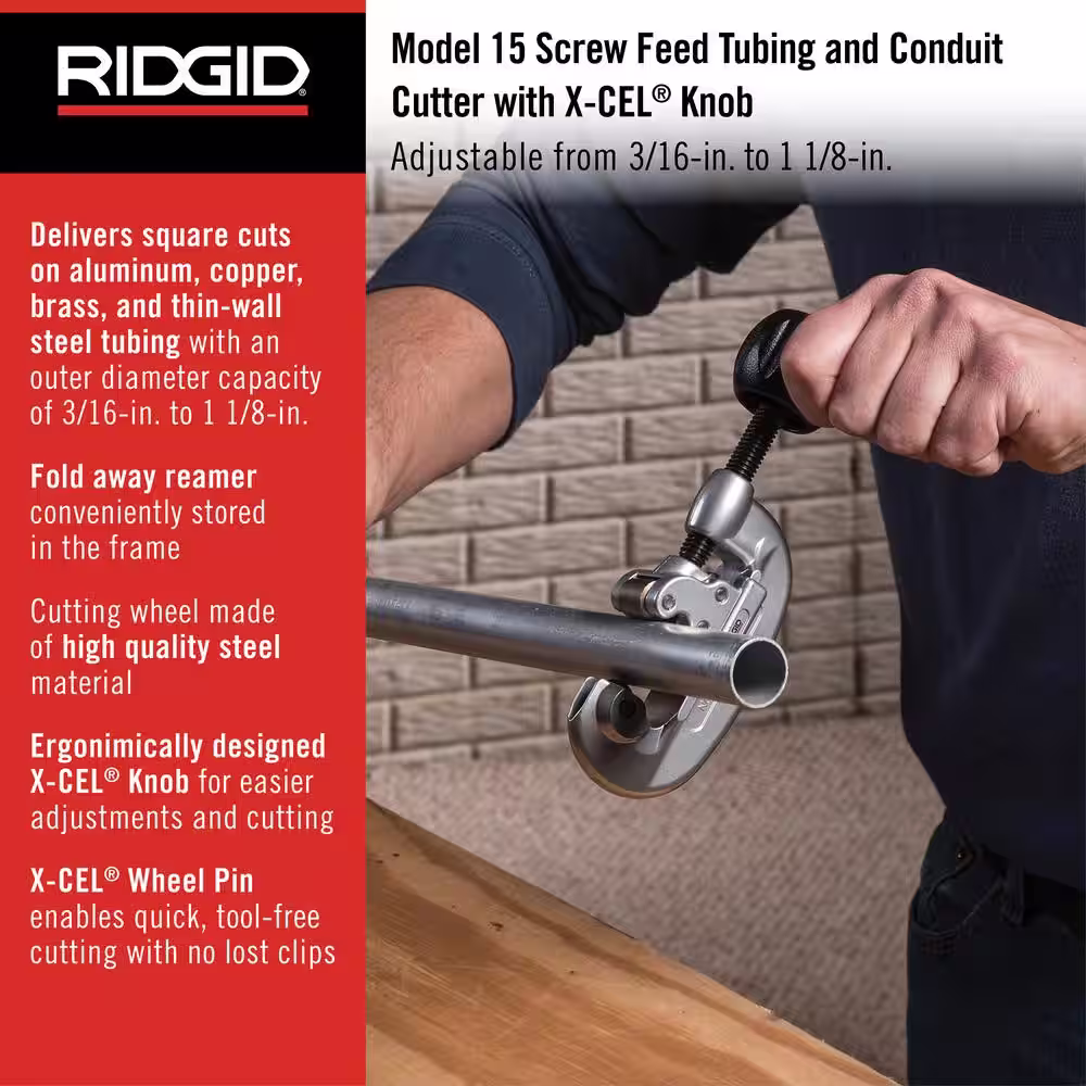 RIDGID 3/16 in. to 1-1/8 in. Model 15 Screw Feed Copper Pipe & Aluminum Tubing Cutter w/ Fold Away Reamer + Spare Wheel