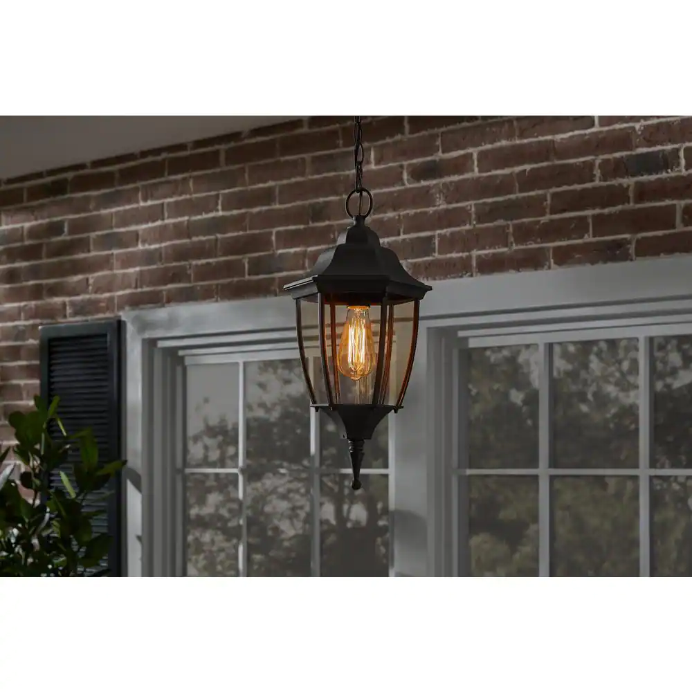 Hampton Bay Kinglet 1-Light Black Outdoor Hanging Pendant Light with Clear Glass