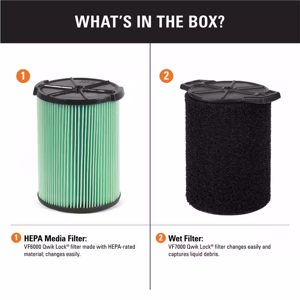 RIDGID HEPA Material Cartridge Filter and Wet Debris Foam Filter for Most 5 Gallon and Larger RIDGID Shop Vacuums (2-Pack)