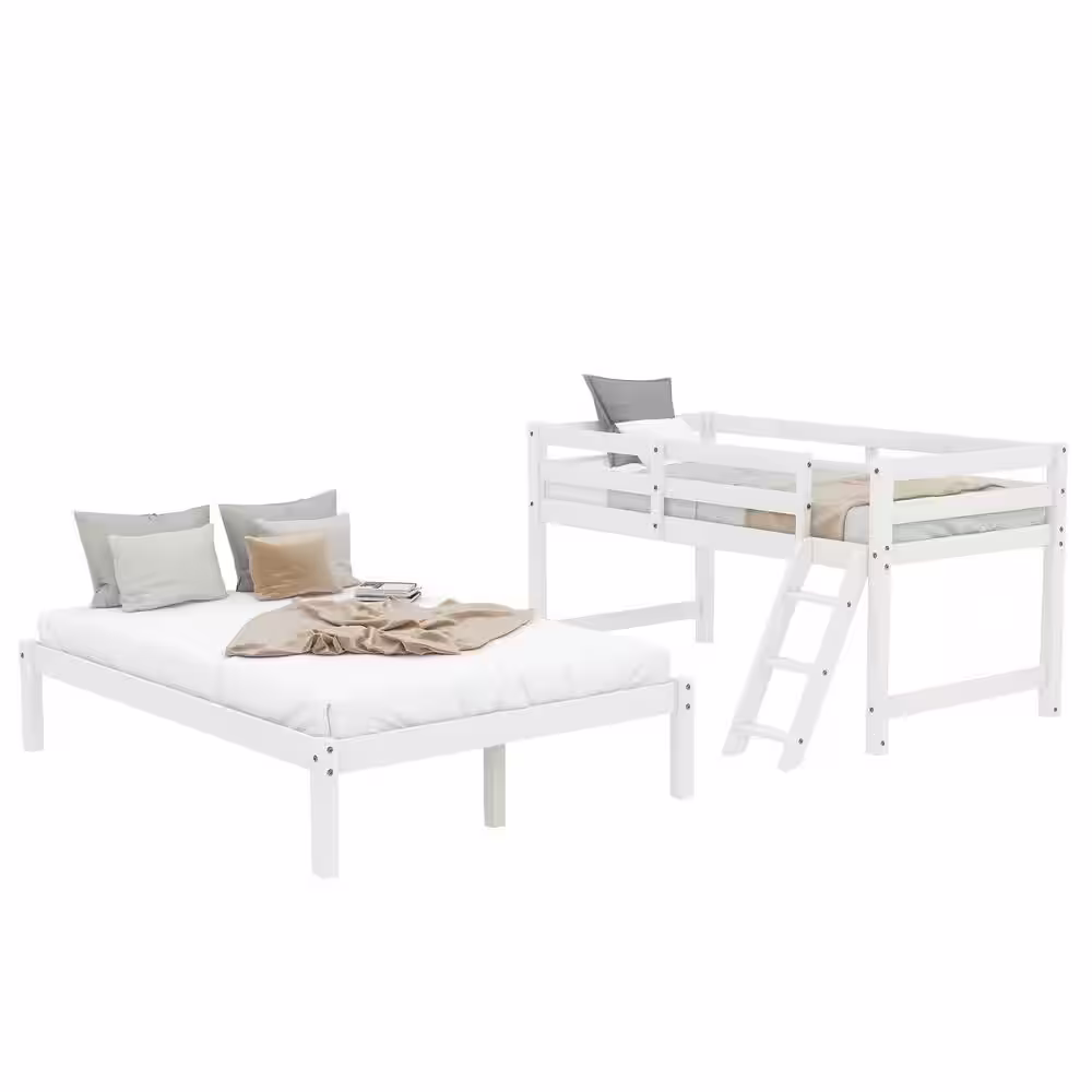 Harper & Bright Designs White Twin Over Full Bunk Bed Daybed with Ladder