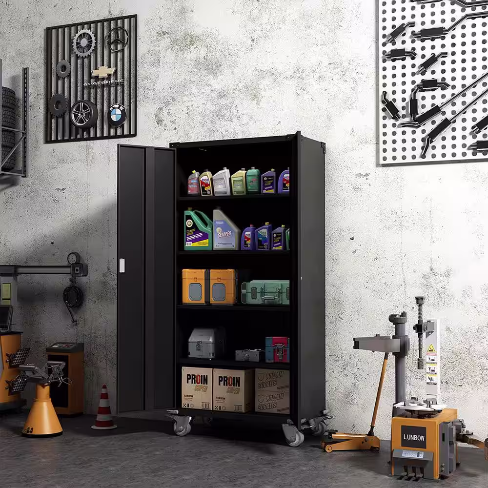 None 72 in. Black Rolling Locking Storage Cabinet with Adjustable Shelves