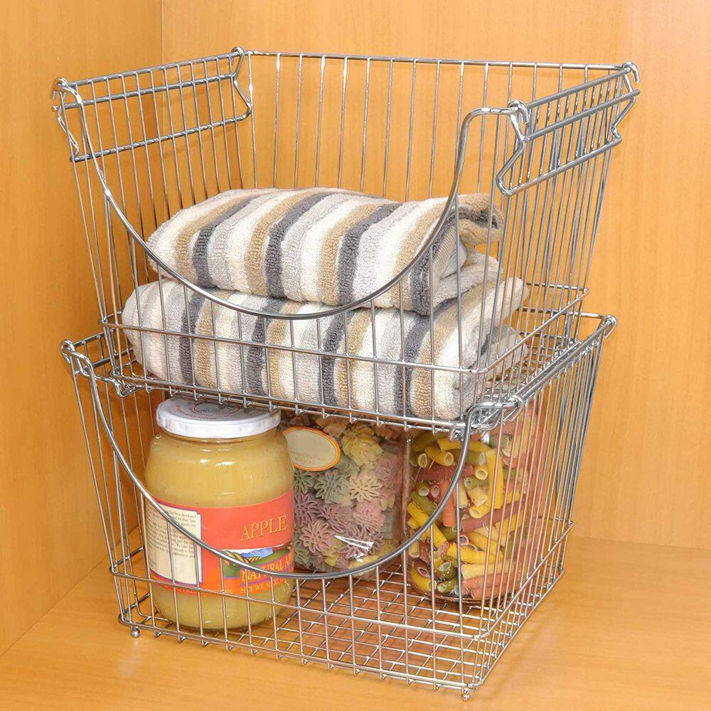 Smart Design Stacking Baskets with Handles - Set of 2 Large - Fruit Produce and Vegetable 12.5 x 8.5 Inch - Chrome