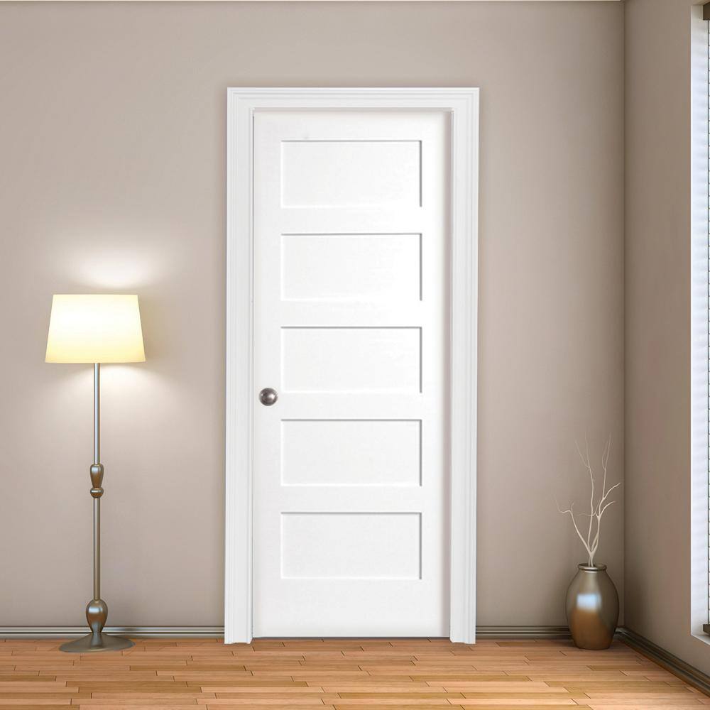 Steves & Sons 30 in. x 80 in. 5-Panel White Primed Shaker Solid Core Wood Interior Door Slab with Bore