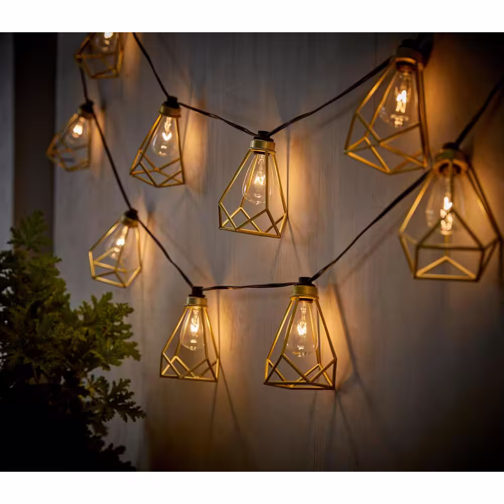 Hampton Bay 10-Light 10 ft. Indoor/Outdoor Plug-In Incandescent Gold Cage String Light