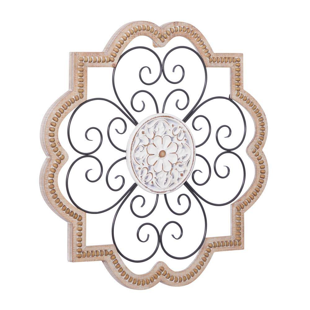 Litton Lane Wood Brown Carved Beading Scroll Wall Decor with Metal Accents