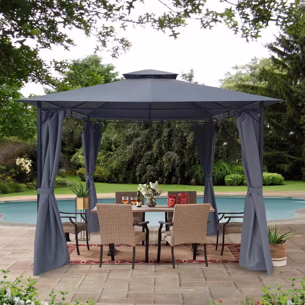 None 9.7 ft. x 9.7 ft. Dark Gray Outdoor Patio Gazebo Garden Canopy Tent, Outdoor Sun Shelter, Gazebo Canopy with Curtains