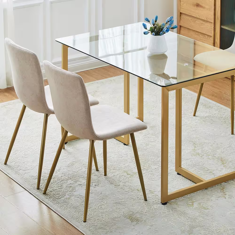 None Slip Scargill Beige 5-Pcs Elegant Dining Set with Glass Top Gold Leg Table and Fabric Upholstered Chairs (Seat 4)