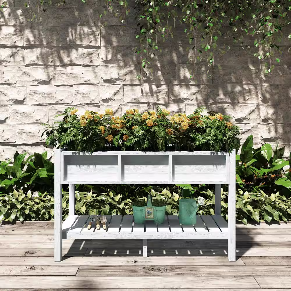 None 46 in. x 17 in. x 28 in. Outdoor White Plastic Wood Raised Garden Bed Planter Box with Shelf
