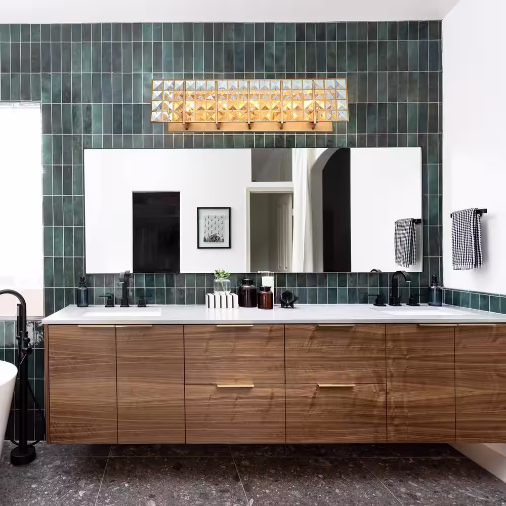 Parrot Uncle Modern Powder Bath Room Vanity Light, 34.2 in. 5-Light Gold Wall Sconce Light with Rectangle Crystal Shade