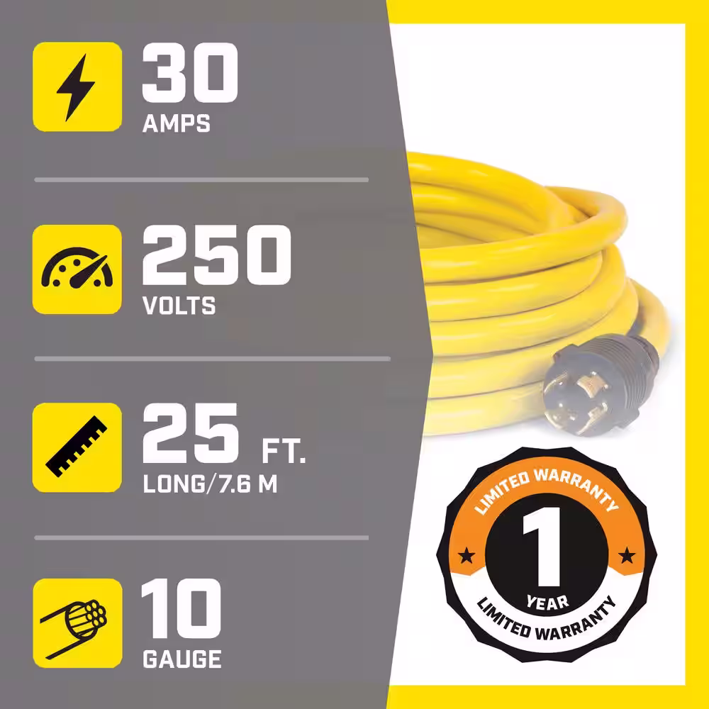 Champion Power Equipment 25 ft. NEMA L14-30P to L14-30R Generator Cord in Yellow