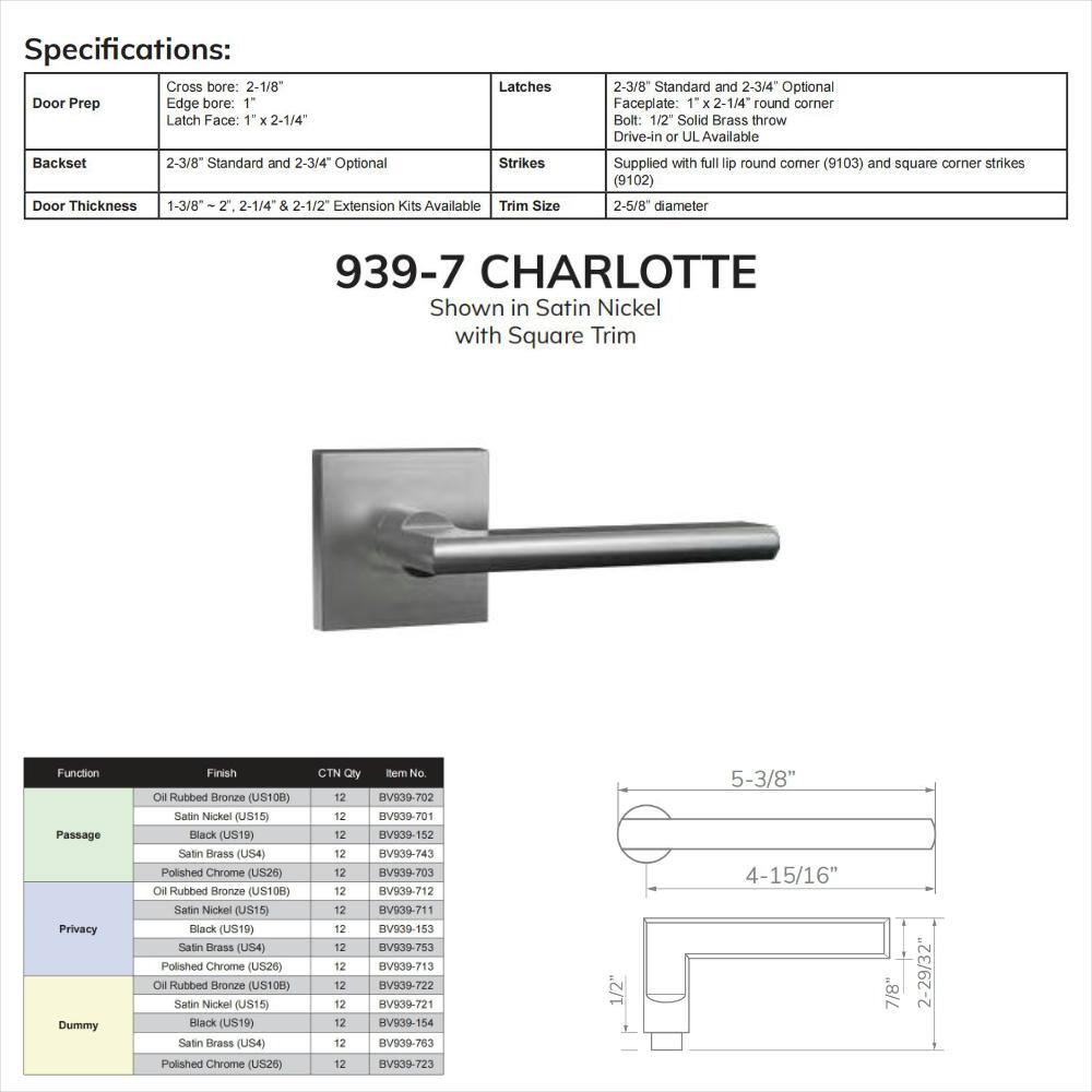 None 939-7 Privacy (Bed/Bath) Door Lever Bright Chrome