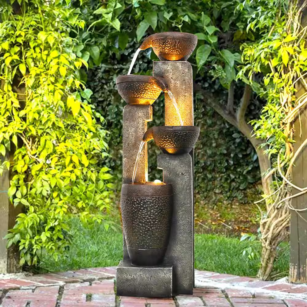 Watnature 40 in. 4-Tier Pots Outdoor Garden Water Fountain with LED Lights