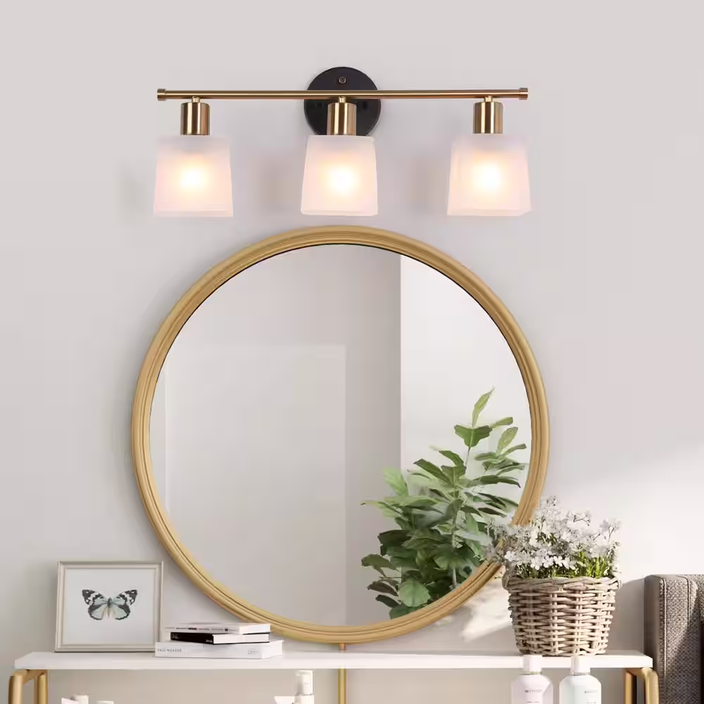 Uolfin Modern Bathroom Vanity Light, 3-Light Black and Gold Powder Room Wall Sconces with Square Frosted Glass Shades