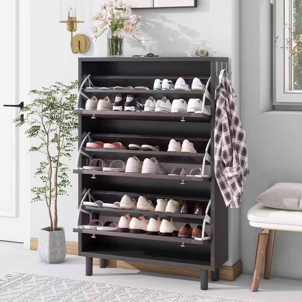 Magic Home 31.5 in. Minimalist Slim Hallway Shoe Cabinet Shoe Rack Entryway Organizer with Flip Drawers, Hooks, Adjustable Panel