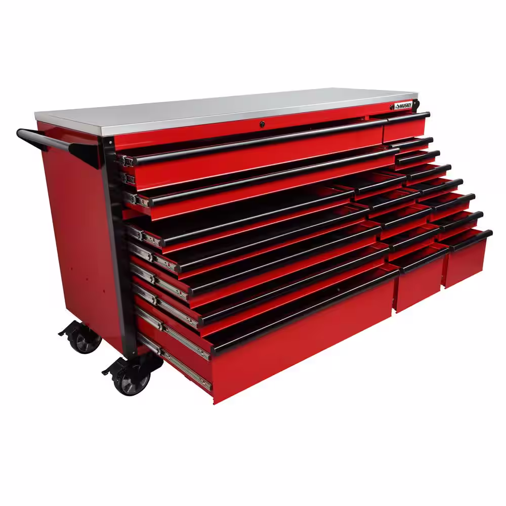 Husky 72 in. W x 24.6 in. D Professional Duty 20-Drawer Mobile Workbench Tool Chest with Stainless Steel Top in Red