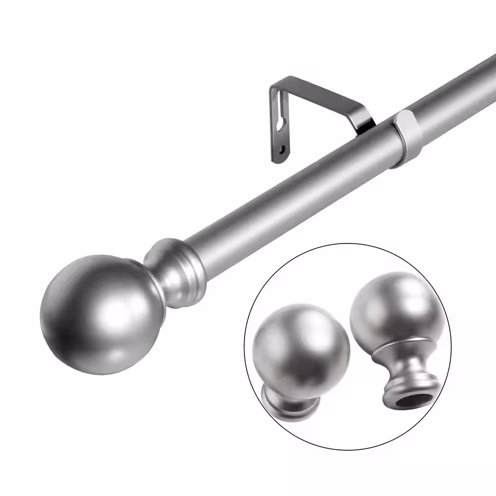 LORDEAR 88 in. - 132 in. Adjustable Single Curtain Rod 1 in. in Silver with Ball Finials