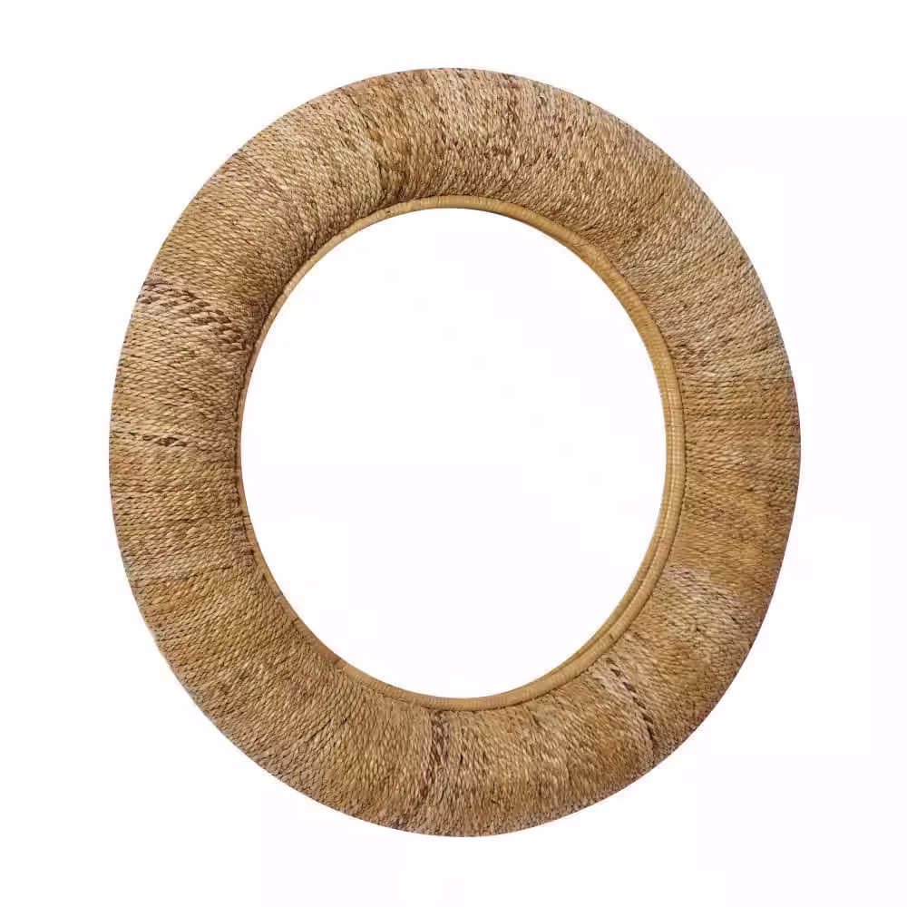Litton Lane 35 in. x 35 in. Coiled Weaved Frame Round Framed Brown Wall Mirror