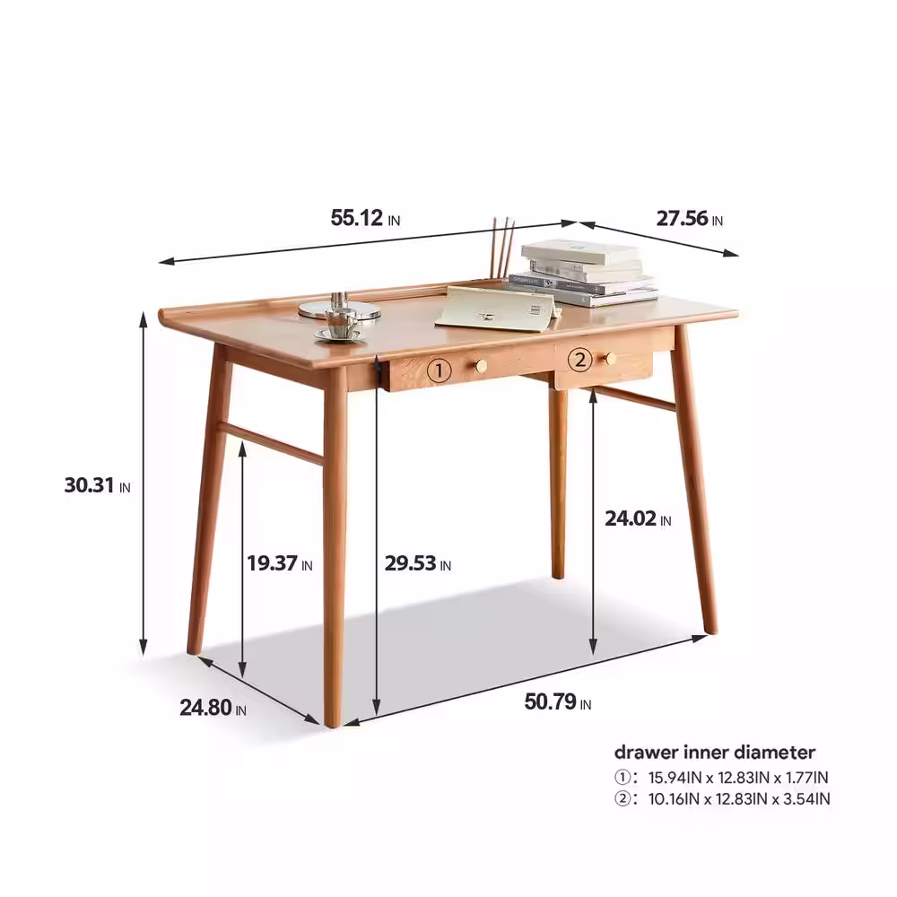 Harper & Bright Designs 55.12 in. 100% Solid Wood Cherry Home Office Computer Desk Writing Desk with 2 Drawers, Pen Holder and Cable Hole