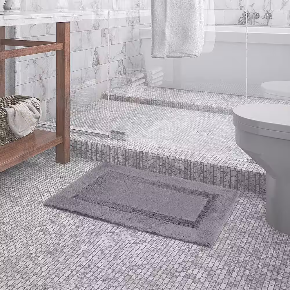 None Charcoal 21 in. x 34 in. Inset Border Cotton Bath Mat