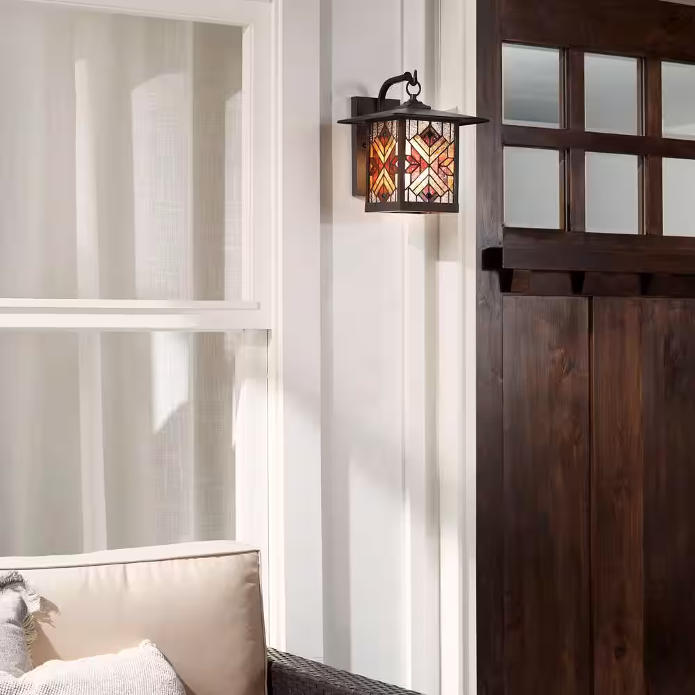 River of Goods Alesun 1-Light Oil Rubbed Bronze Outdoor Stained Glass Wall Lantern Sconce