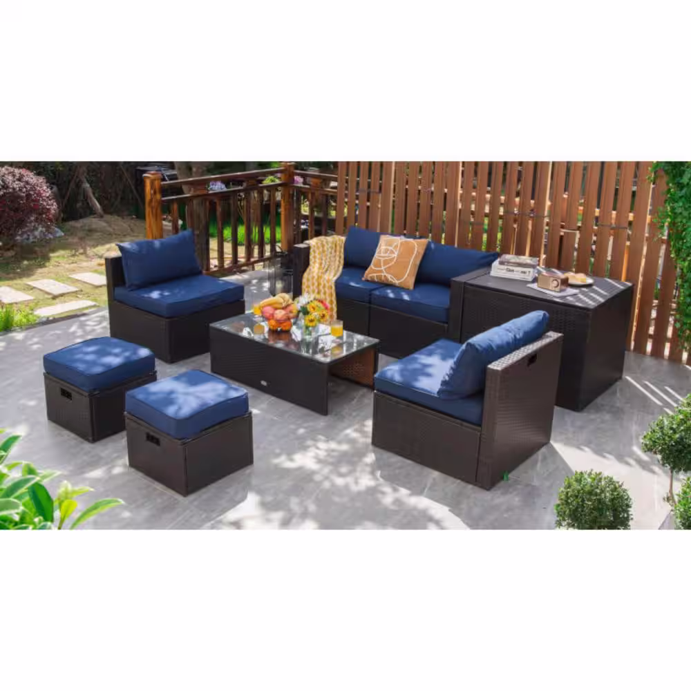 Clihome 8-Piece Wicker Patio Conversation Set Space-Saving Furniture Set with Navy Cushions, Storage Box and Waterproof Cover