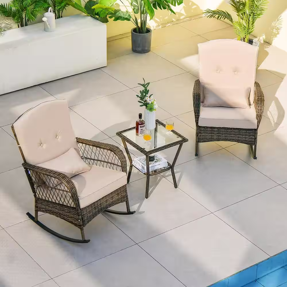 Costway 3-Piece Rocking Wicker Outdoor Bistro Rocker Chairs Tempered Glass Side Table with Beige Cushions (Set of 2)