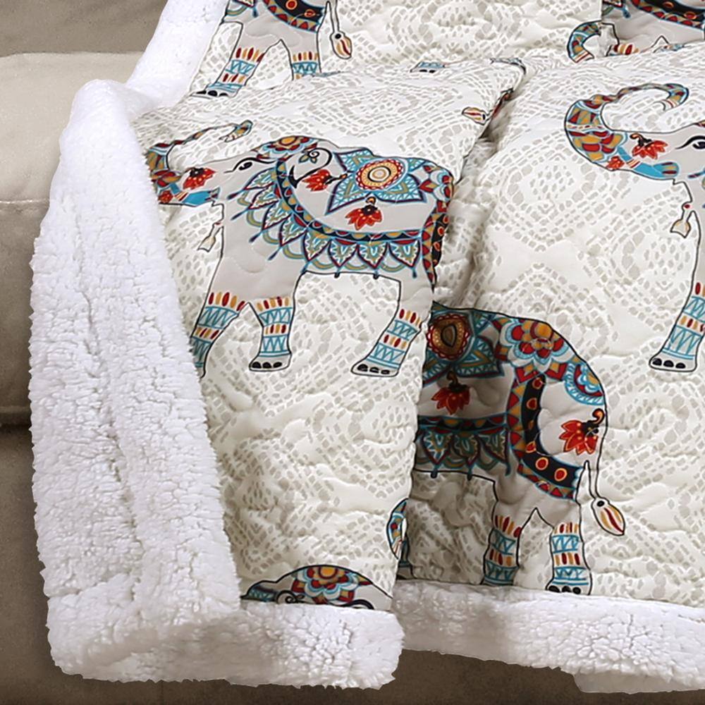 Lush Decor Hati Elephants Navy and Turquoise Sherpa Throw