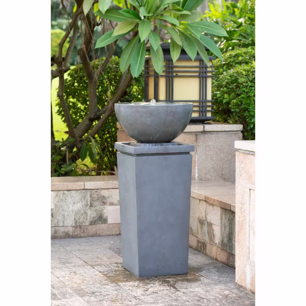 None 45 in. Outdoor Zen Bowl Fountain Relaxing Polyresin Water Fountain for Lawn, Garden