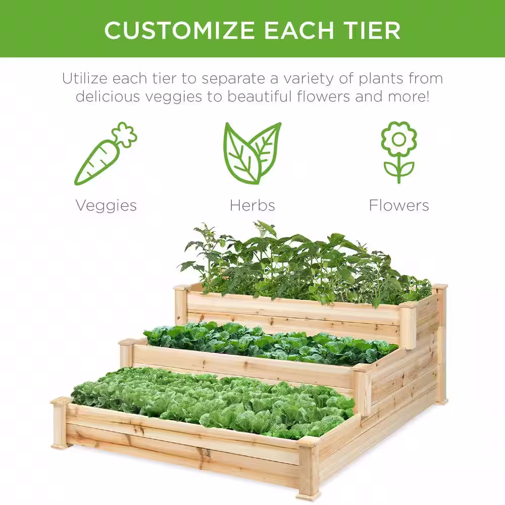 Best Choice Products 4 ft. x 4 ft. 3-Tier Wooden Raised Garden Bed Planter Kit for Plants, Vegetables, Outdoor Gardening - Natural