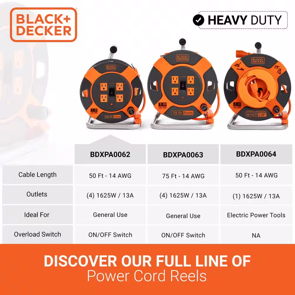 BLACK+DECKER 50 ft. 4 Outlets Retractable Extension Cord with 14 AWG SJTW Cable Outdoor Power Cord Reel