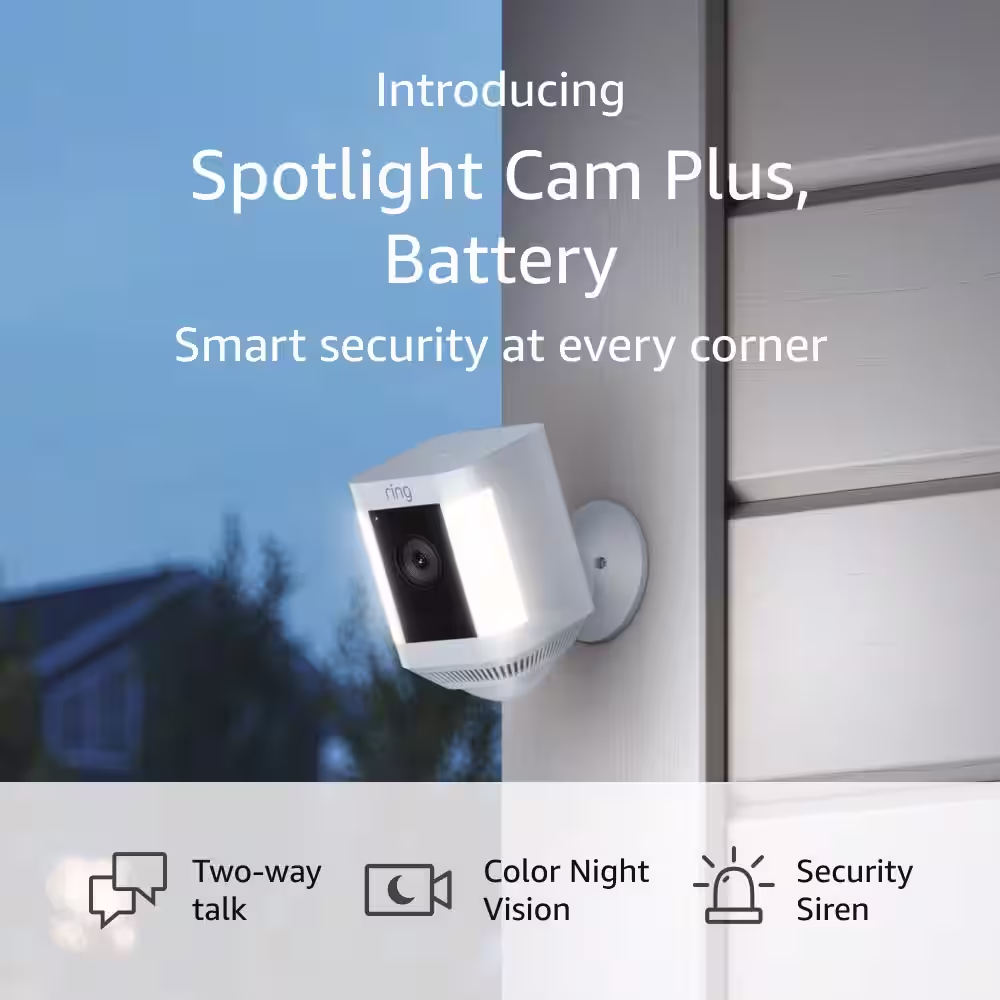 Ring Spotlight Cam Plus, Battery - Smart Security Video Camera with LED Lights, 2-Way Talk, Color Night Vision, Black