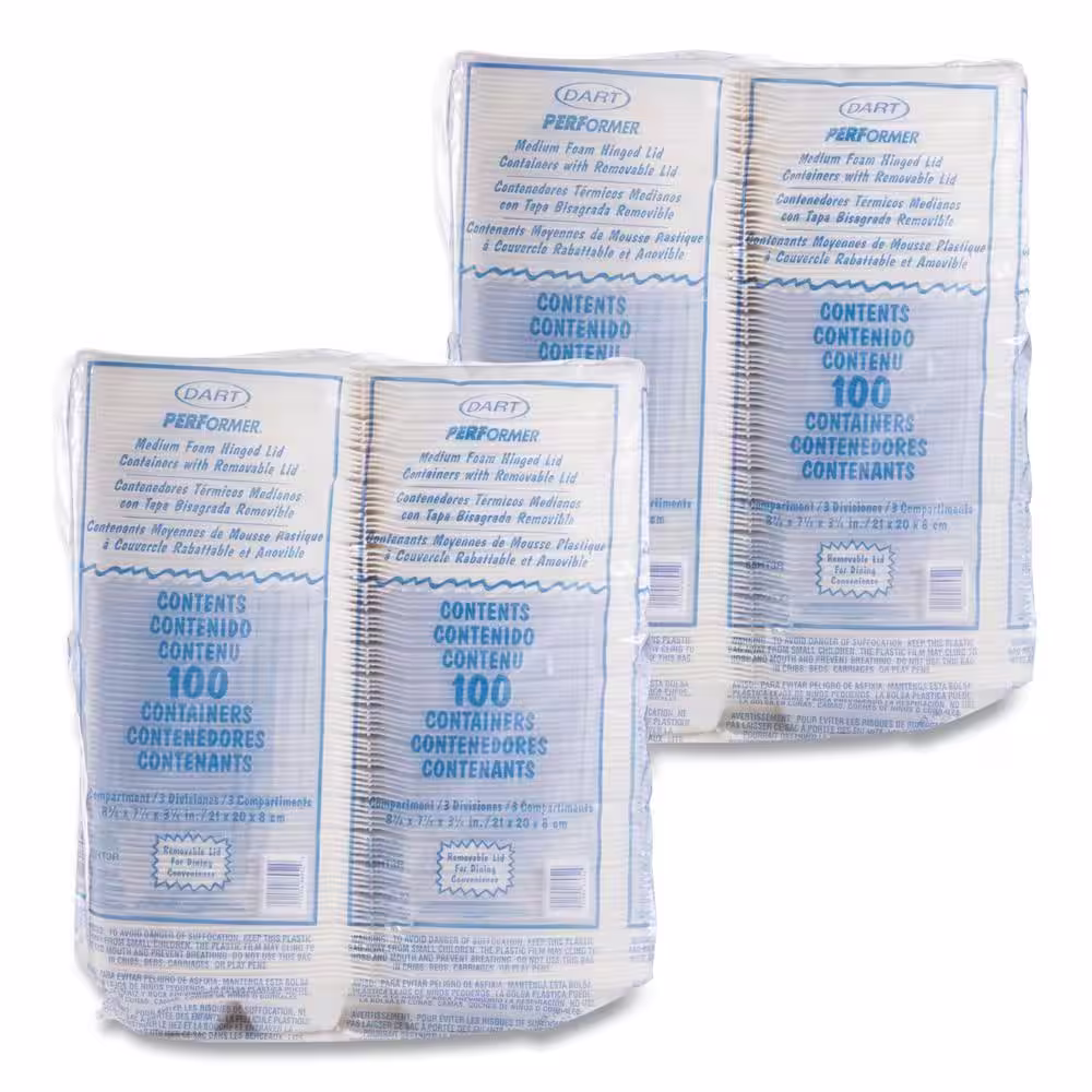 DART White Foam Hinged Lid Containers, 3-Compartment, 8.38 x 7.78 x 3.25,200/Carton